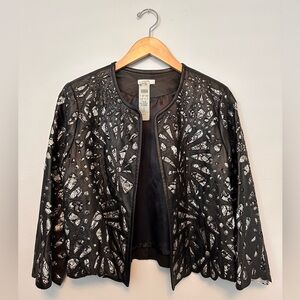 Cachè laser cut leather jacket with lace inlay